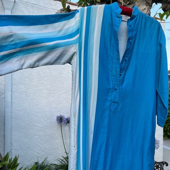 Vtg 70s Catherine Ogust Blue White Stripe Cotton Caftan Dress | Mandarin Collar - Picture 11 of 15